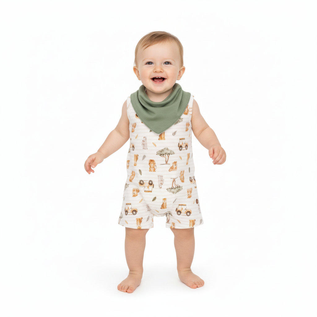 Conjunto Macacão Curto Regata Safari e Babador – Mini&Co