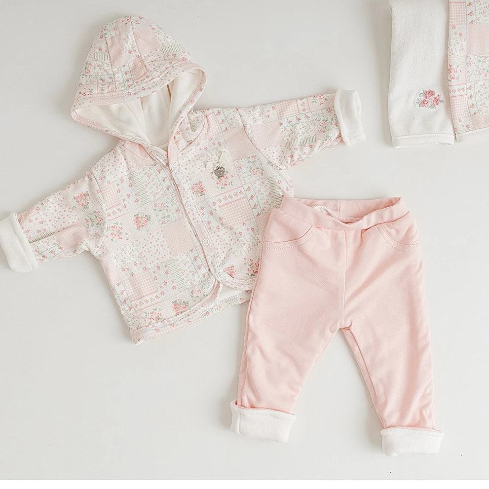 Conjunto Forrado Floral: Casaco c/ capuz e Calça em algodão egípcio- Mini&Co