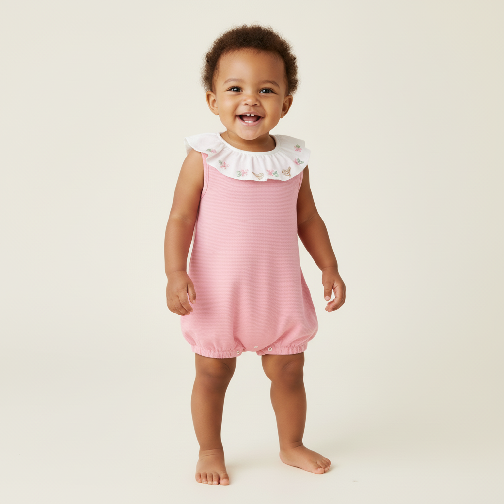 Macacão Curto Rosa Com Babado Pássaros – Mini&Co