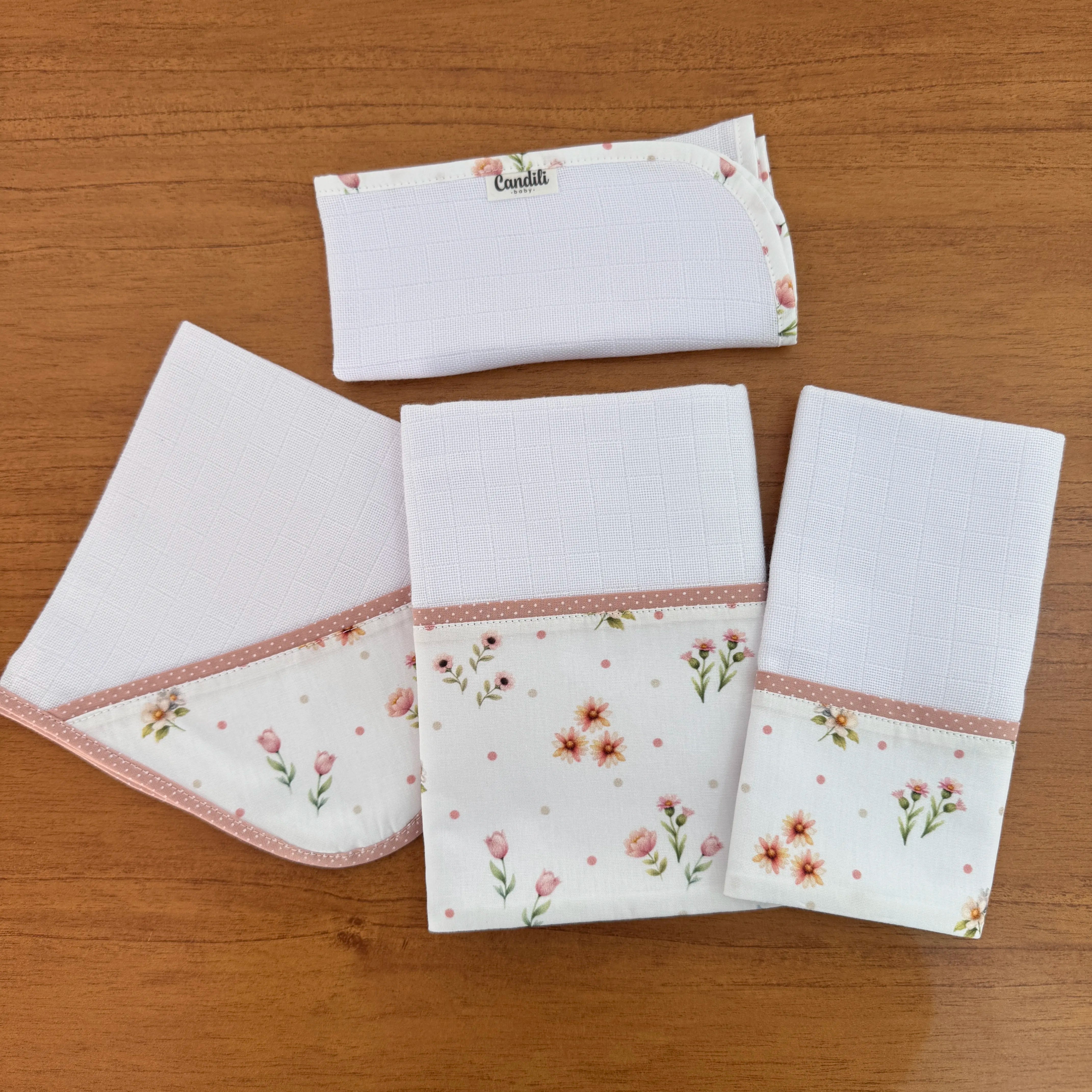 Kit Encanto 4 Peças: Fraldas de Boca e Fralda de Ombro - Primavera