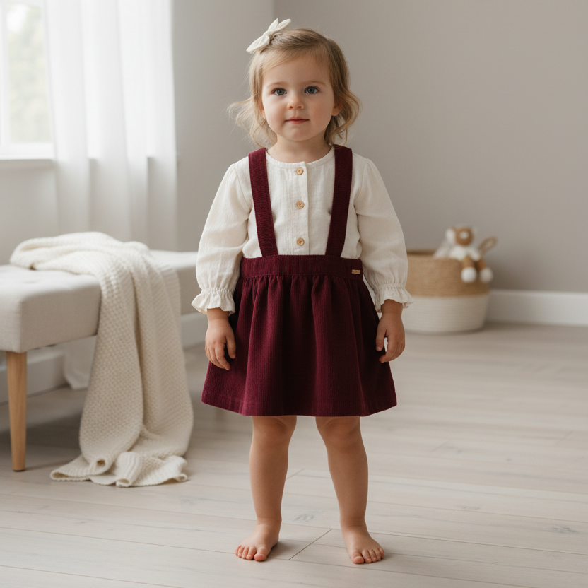 Conjunto Salopete Veludo Marsala com Blusa Off White – Nini & Bambini