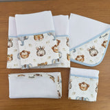 Kit Essencial 5 Peças: Fraldas de Boca, Fralda de Ombro e Fralda Multiuso - Animais da Savana