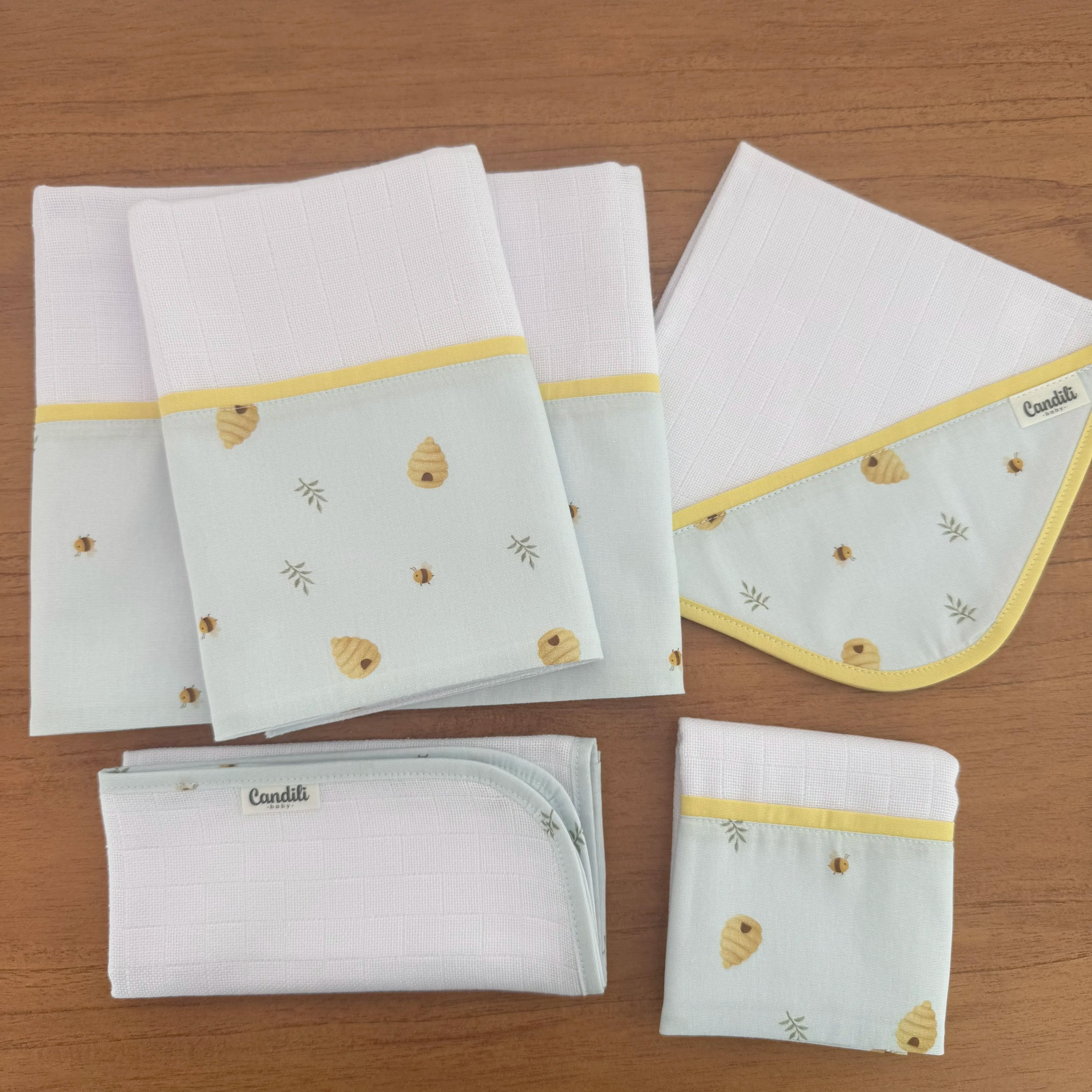 Kit Essencial 5 Peças: Fraldas de Boca, Fralda de Ombro e Fralda Multiuso - Abelhas e Colmeias