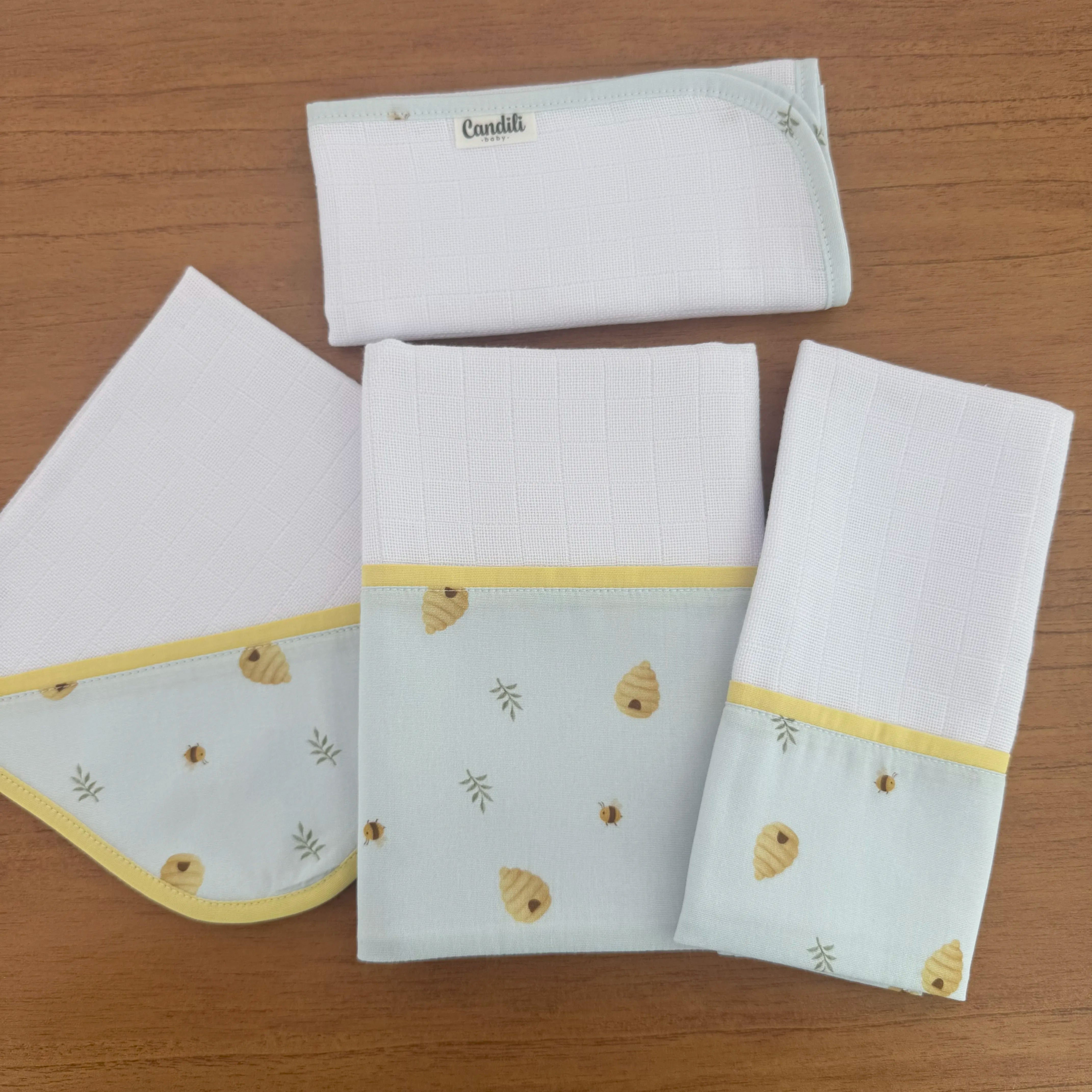 Kit Encanto 4 Peças: Fraldas de Boca e Fralda de Ombro -Abelhas e Colmeias