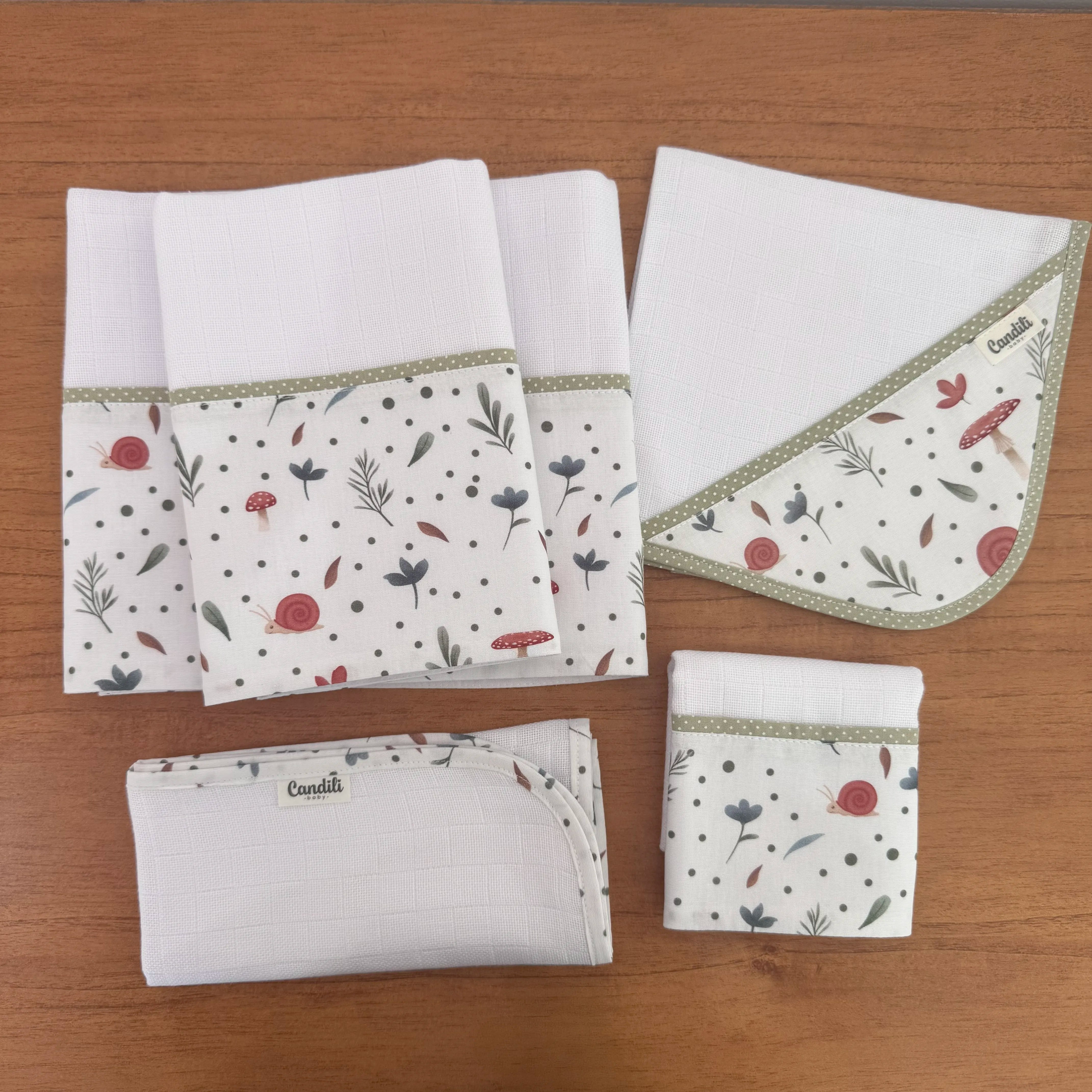 Kit Essencial 5 Peças: Fraldas de Boca, Fralda de Ombro e Fralda Multiuso -