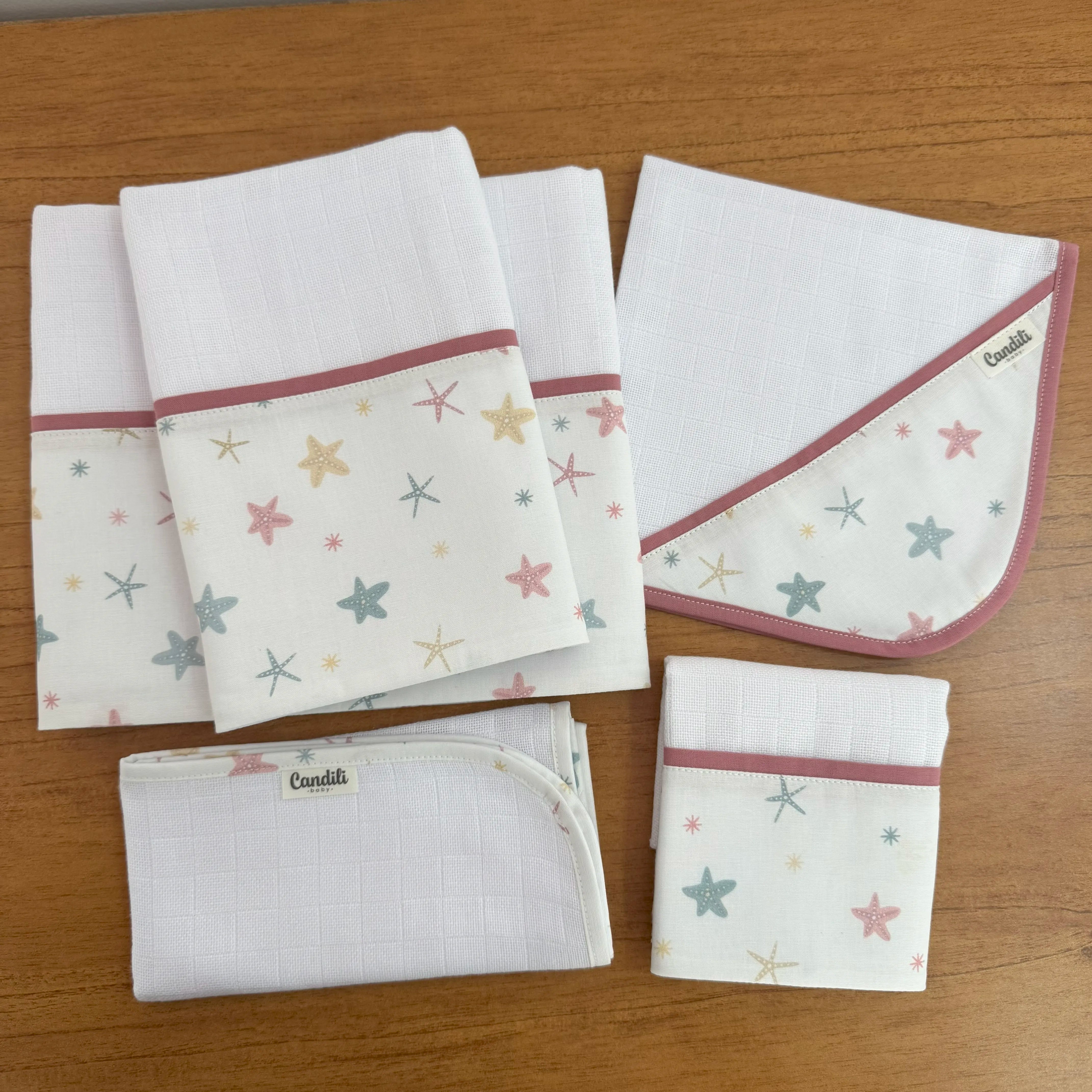 Kit Essencial 5 Peças: Fraldas de Boca, Fralda de Ombro e Fralda Multiuso - Estrela do Mar