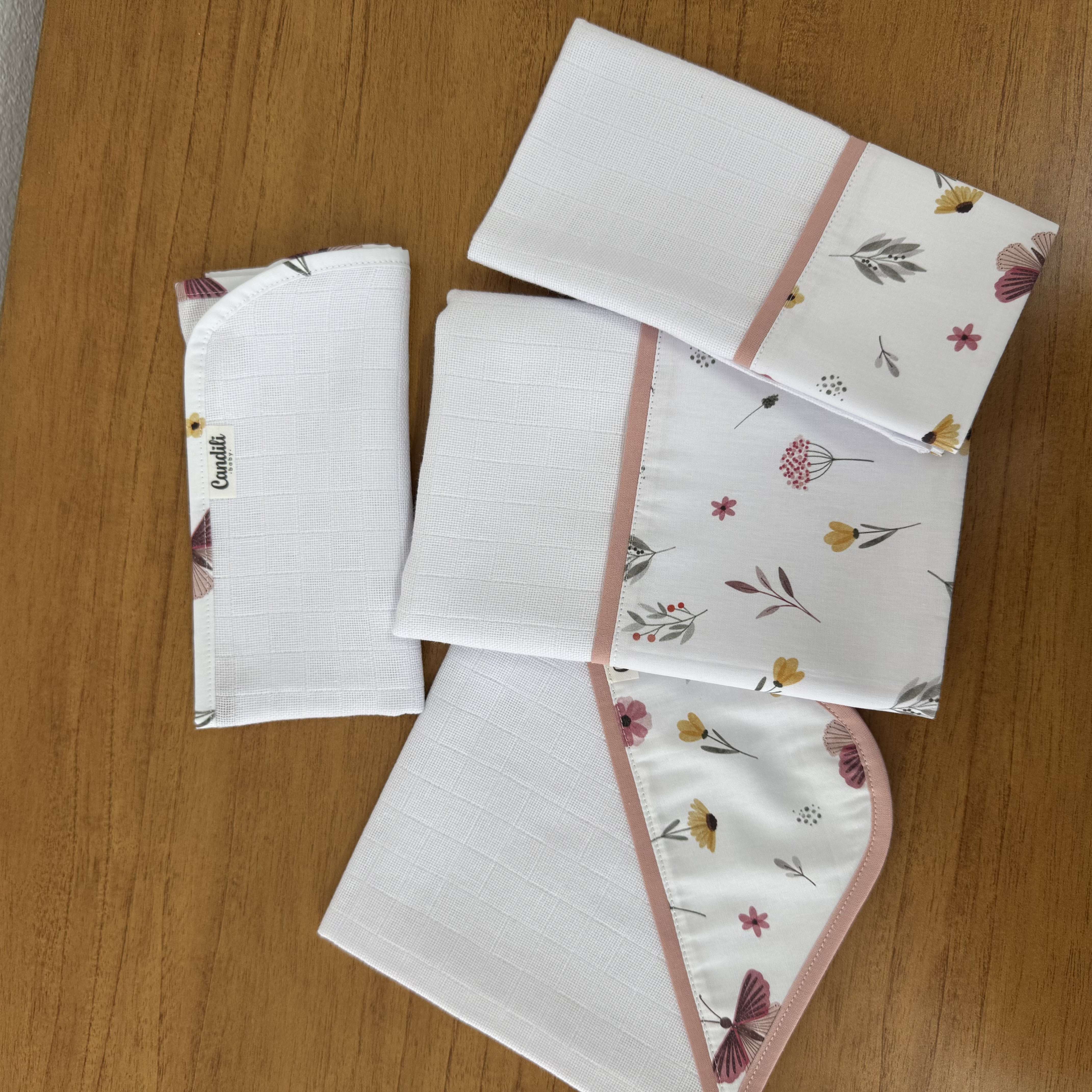 Kit Encanto 4 Peças: Fraldas de Boca e Fralda de Ombro- Borboletas