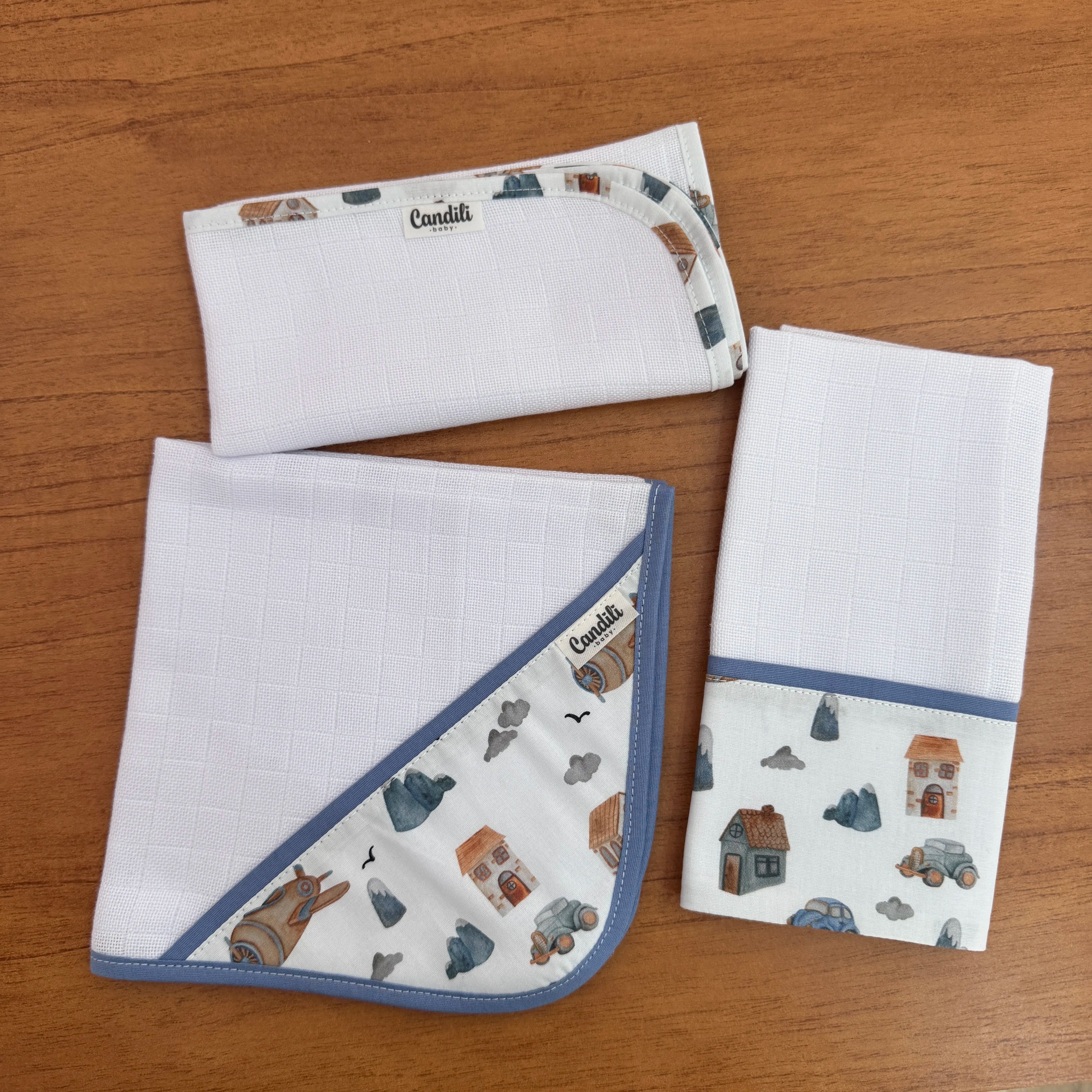 Kit Fraldas de Boca 3 Peças - Carros e Montanhas