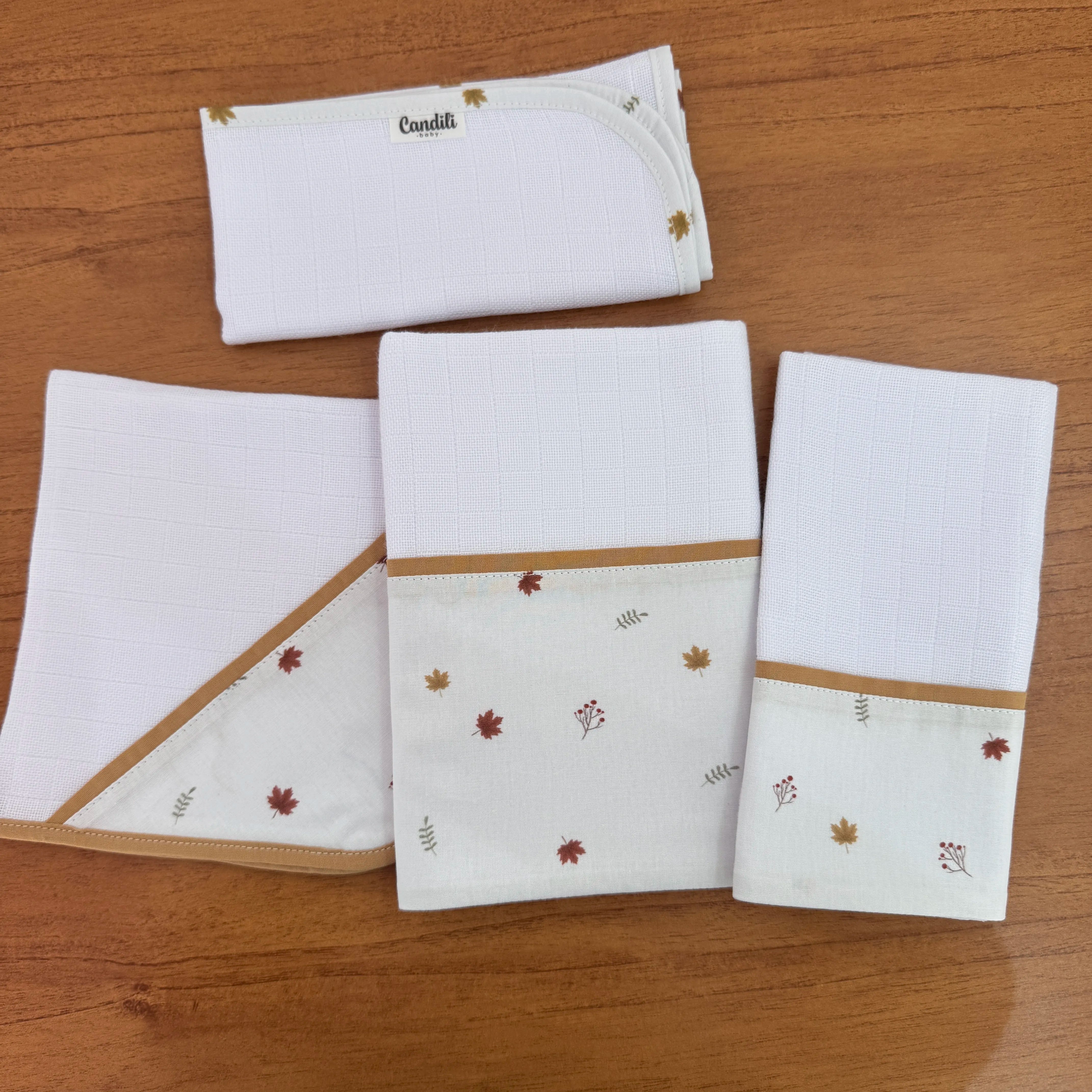 Kit Encanto 4 Peças: Fraldas de Boca e Fralda de Ombro - Folhas de Outono