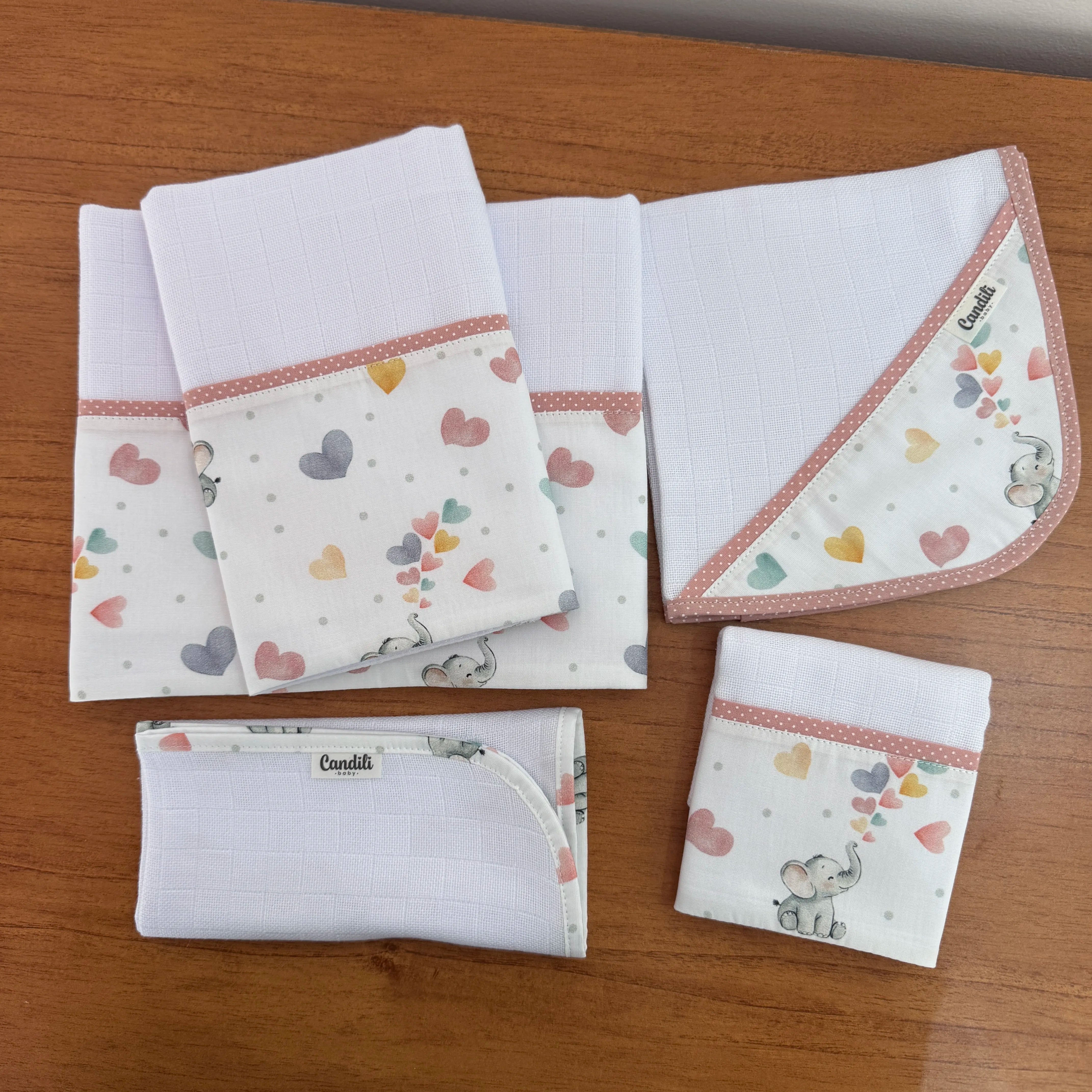 Kit Essencial 5 Peças: Fraldas de Boca, Fralda de Ombro e Fralda Multiuso - Elefantinha