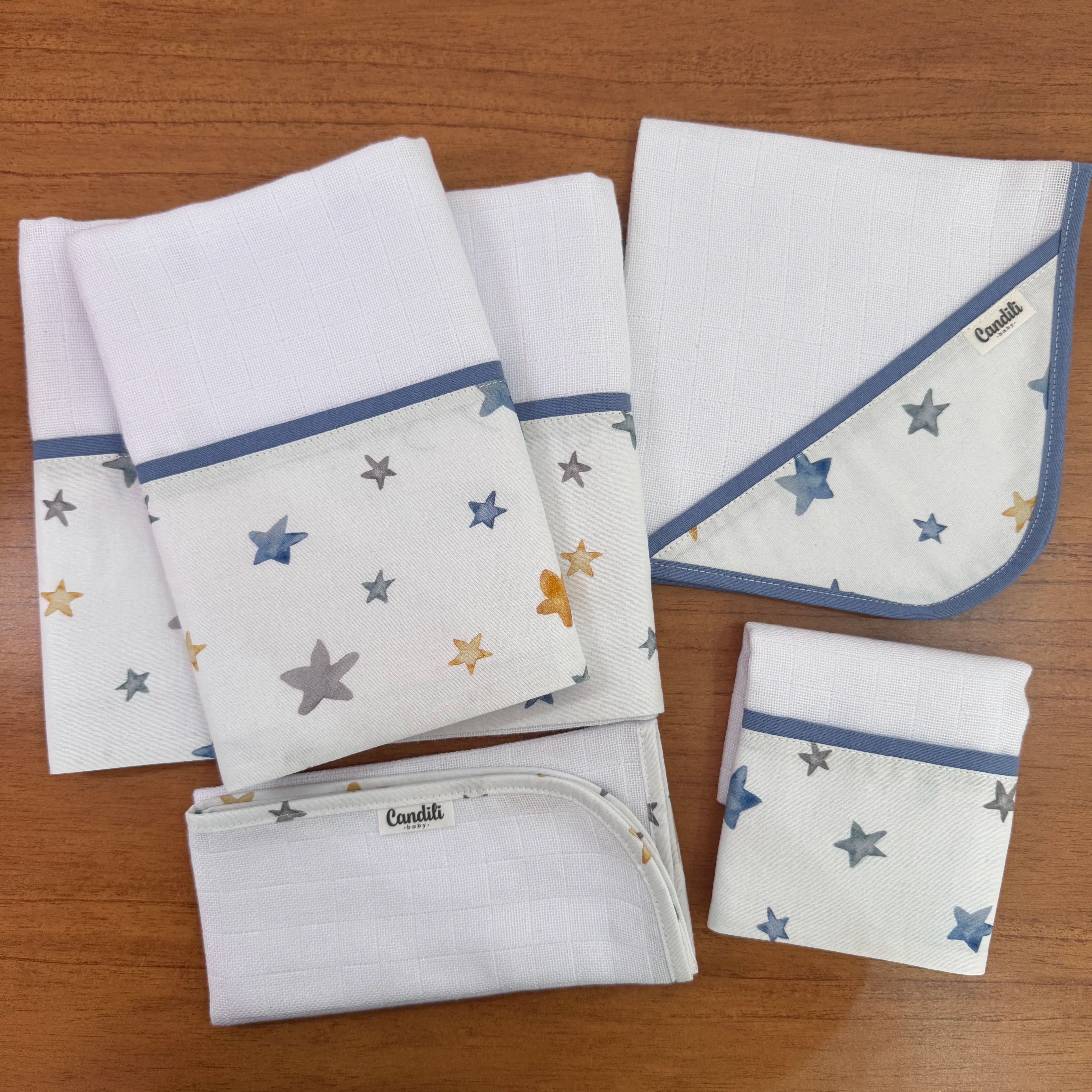 Kit Essencial 5 Peças: Fraldas de Boca, Fralda de Ombro e Fralda Multiuso - Estrelas