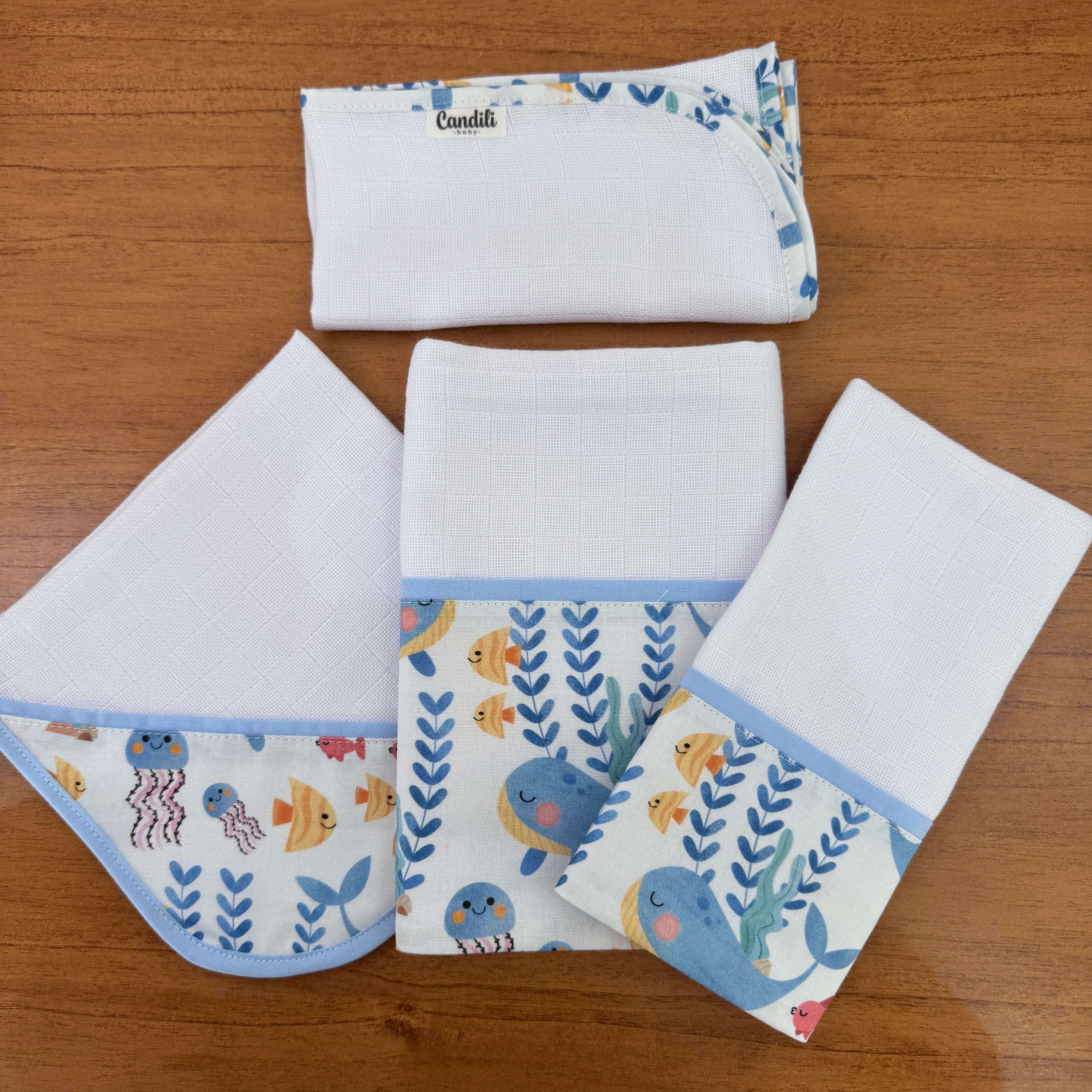 Kit Encanto 4 Peças: Fraldas de Boca e Fralda de Ombro - Fundo do Mar