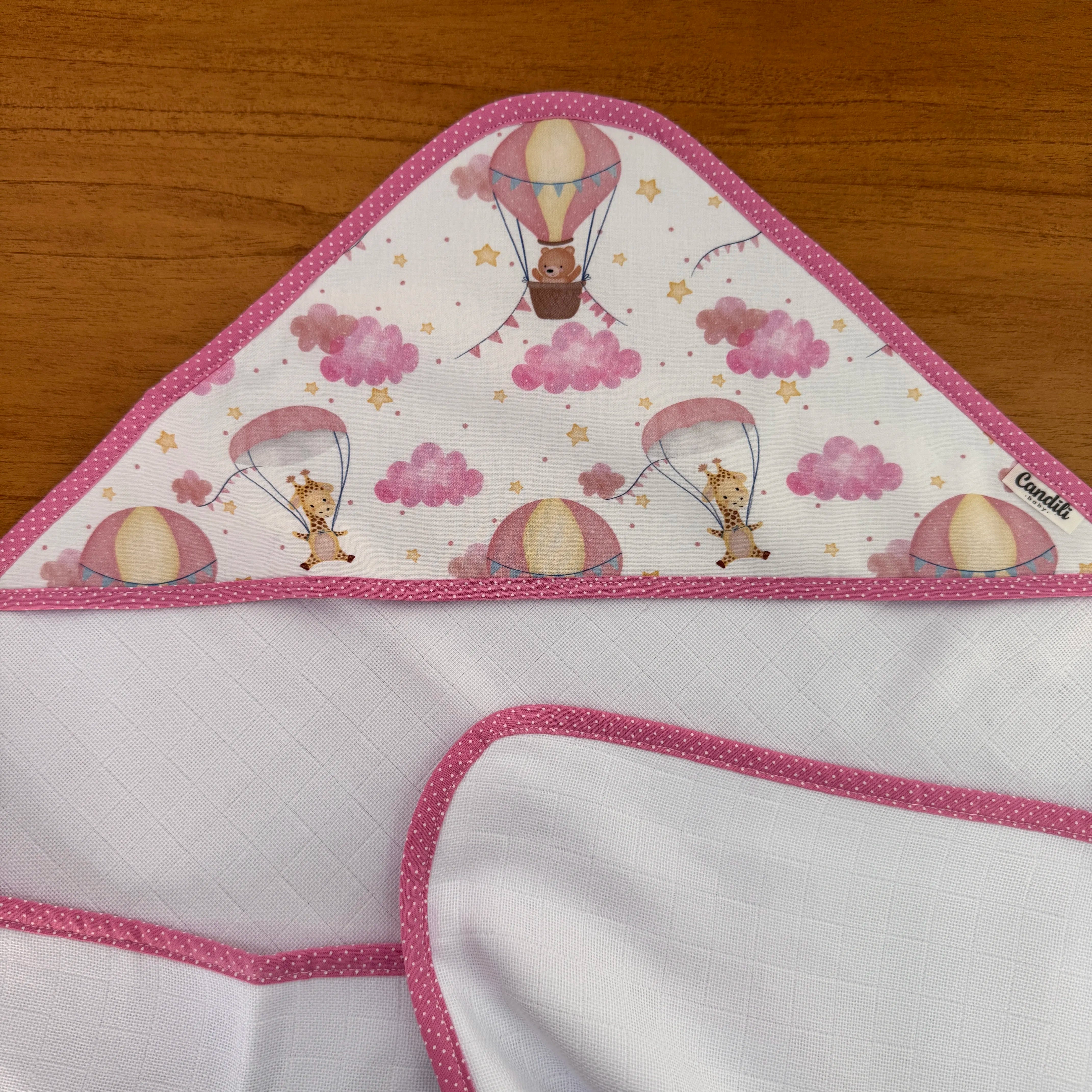 Toalha Fralda de Banho com Capuz Premium - Balões e Paraquedas Rosa