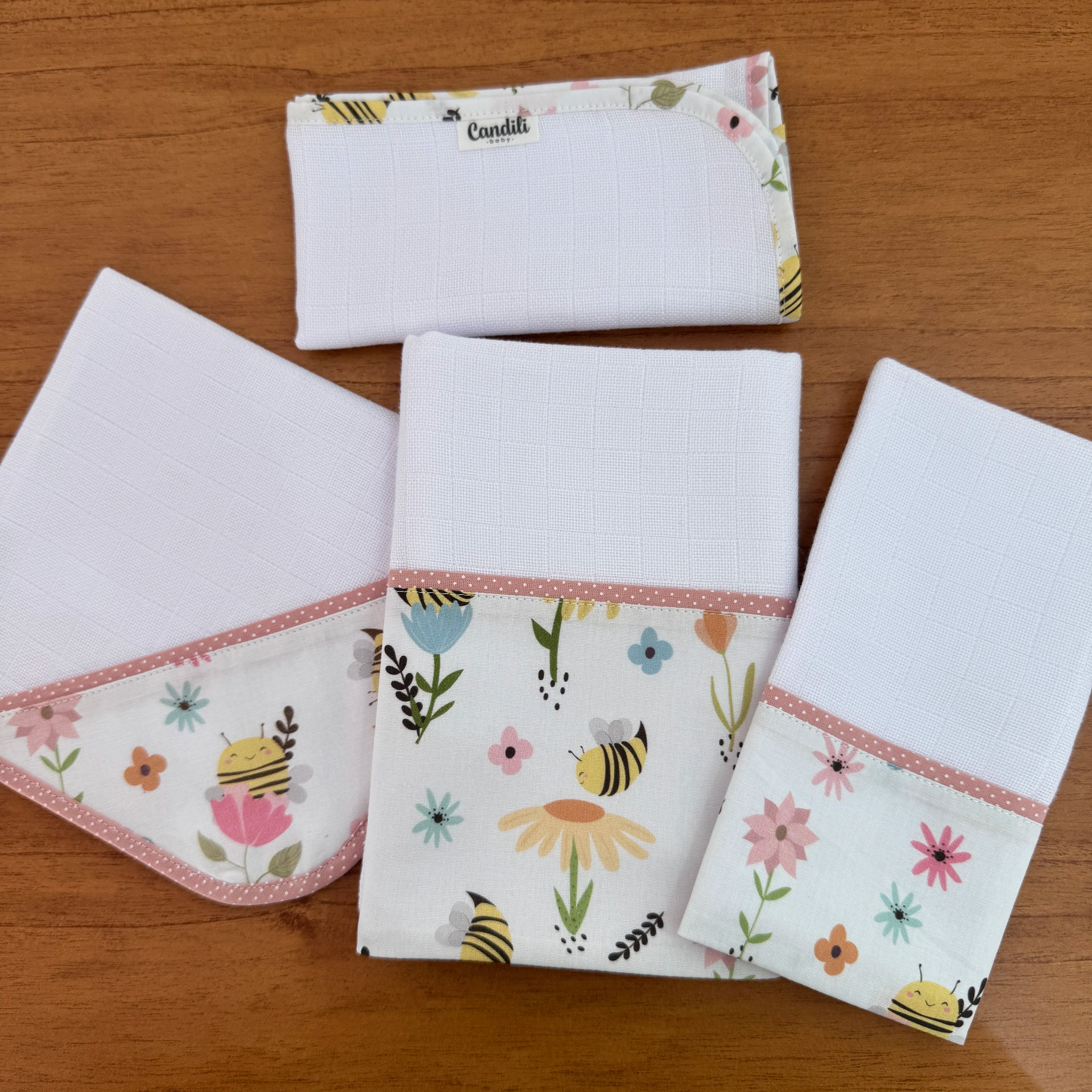 Kit Encanto 4 Peças: Fraldas de Boca e Fralda de Ombro- Abelhas no Jardim