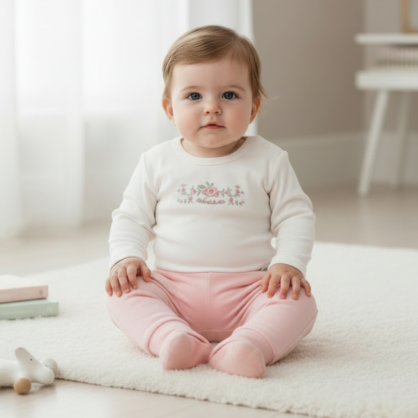 Conjunto Body e Calça Algodão Egípcio Flores Bordadas Mini&co