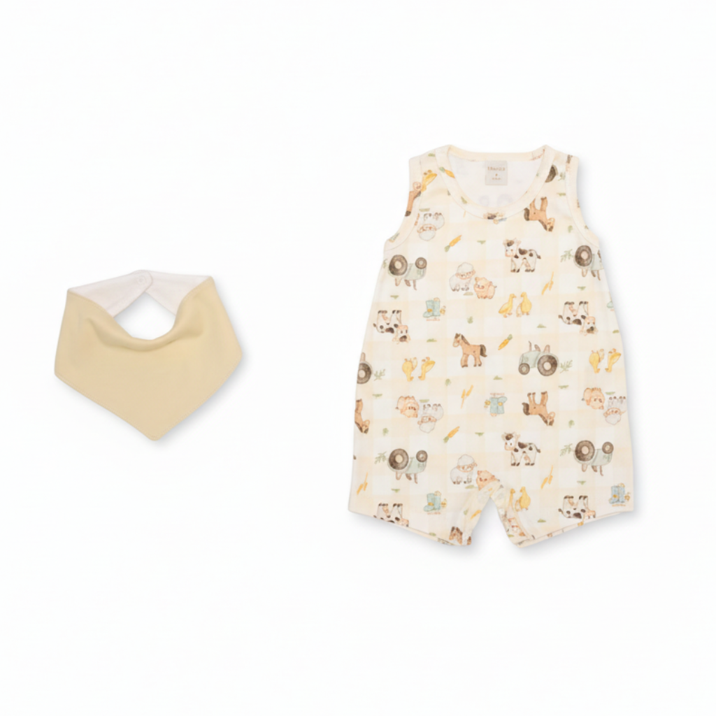 Conjunto Macacão Curto Regata Fazendinha e Babador – Mini&Co