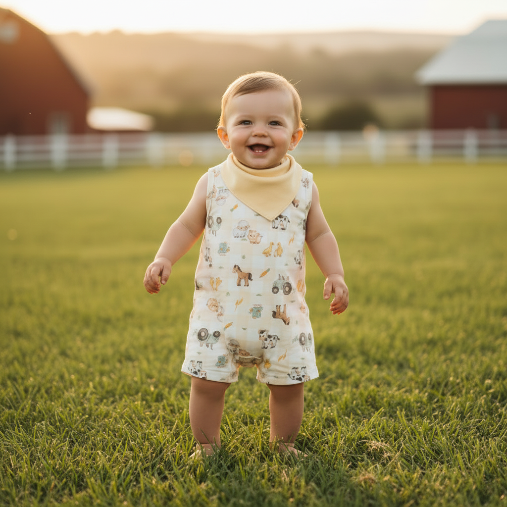 Conjunto Macacão Curto Regata Fazendinha e Babador – Mini&Co