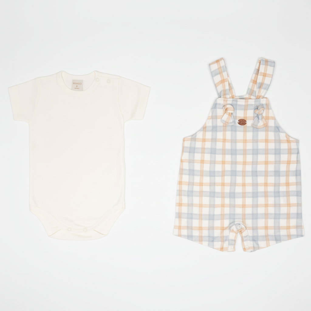 Conjunto Body Curto Com Jardineira Xadrez – Mini&Co