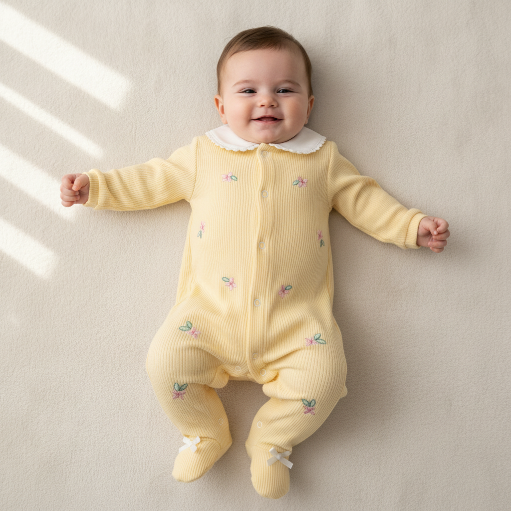 Macacão Longo com Pezinho Amarelo Flores Bordadas e Gola Tricot – Mini&Co