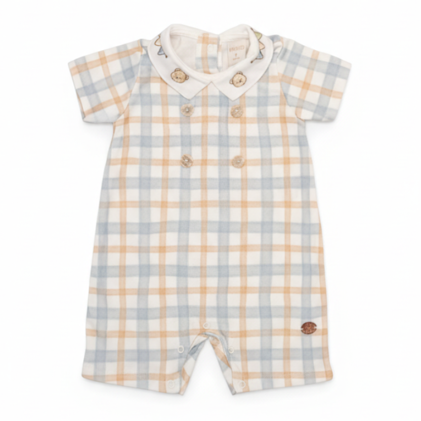 Macacão Curto Com Gola Bordada Xadrez – Mini&Co