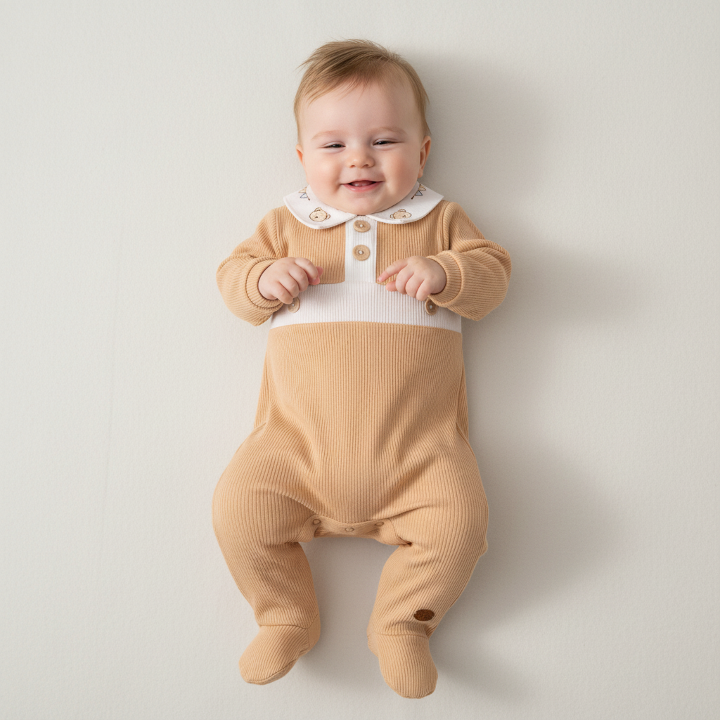 Macacão Longo com Pezinho e Gola bordada Ursinho Tricot – Mini&Co