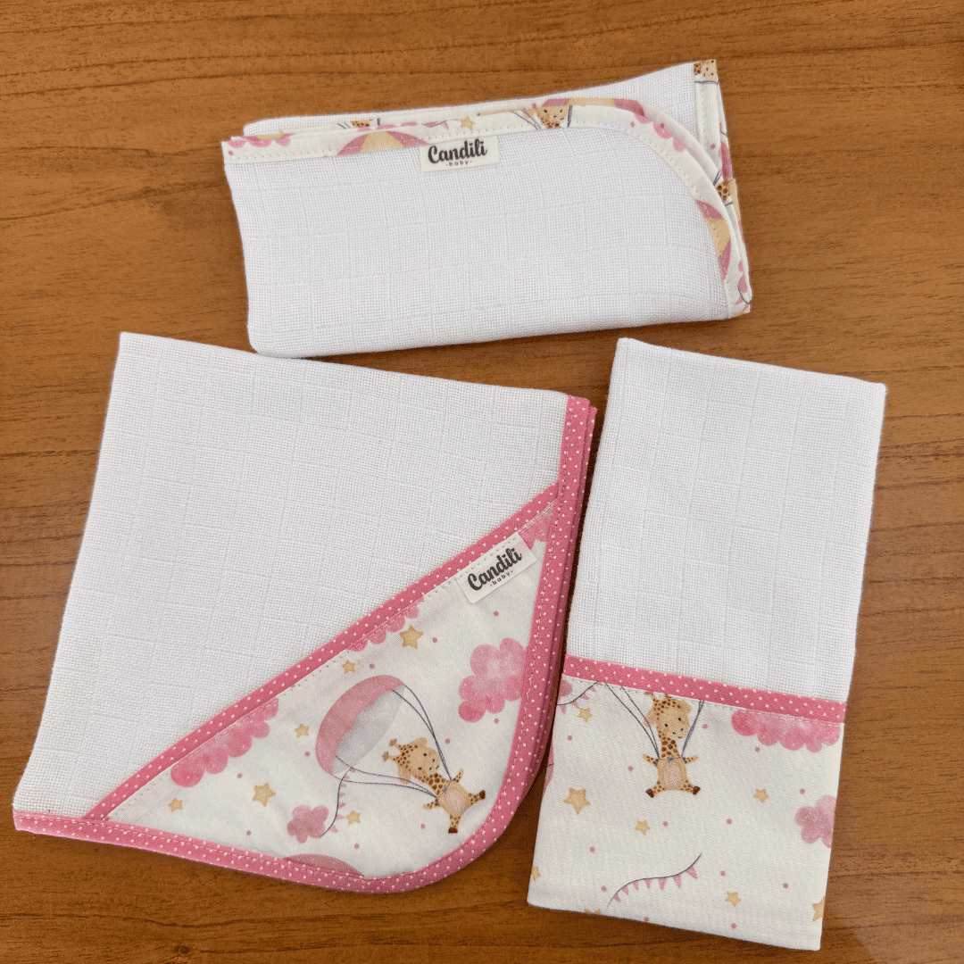 Kit Fraldas de Boca 3 Peças - Balões e Paraquedas Rosa