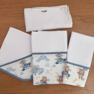 Kit Encanto 4 Peças: Fraldas de Boca e Fralda de Ombro - Ursinho Aviador