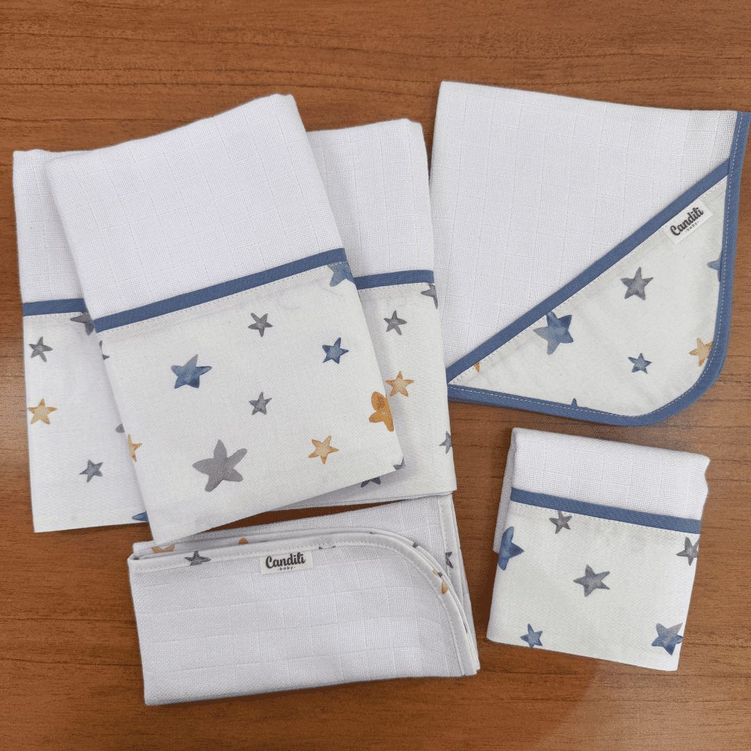 Kit Essencial 5 Peças: Fraldas de Boca, Fralda de Ombro e Fralda Multiuso - Estrelas