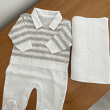 Saída de Maternidade Menino tricô Branco e Cinza Listrado - 2 Peças