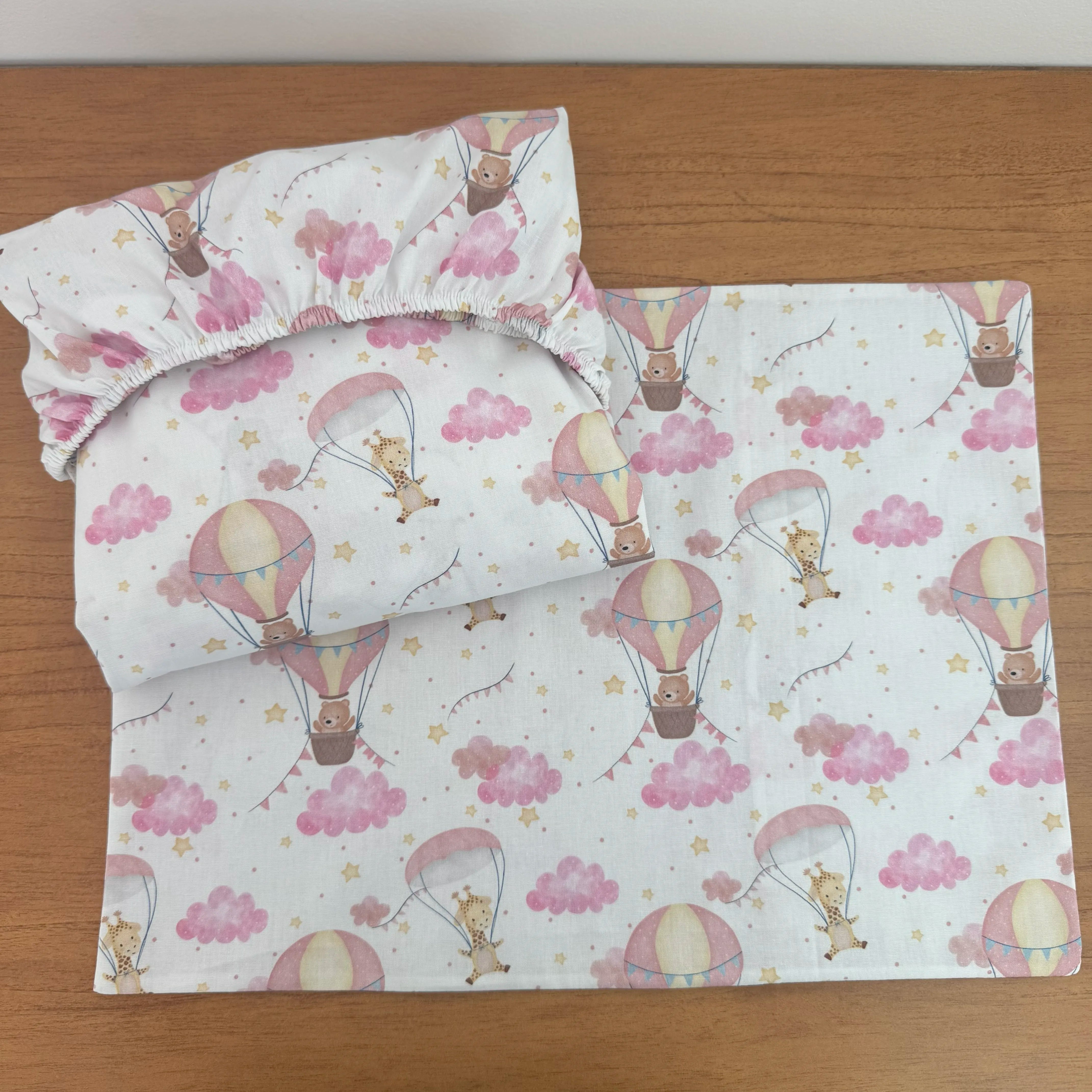 Jogo de Lençol 2 Peças - Balões e Paraquedas Rosa