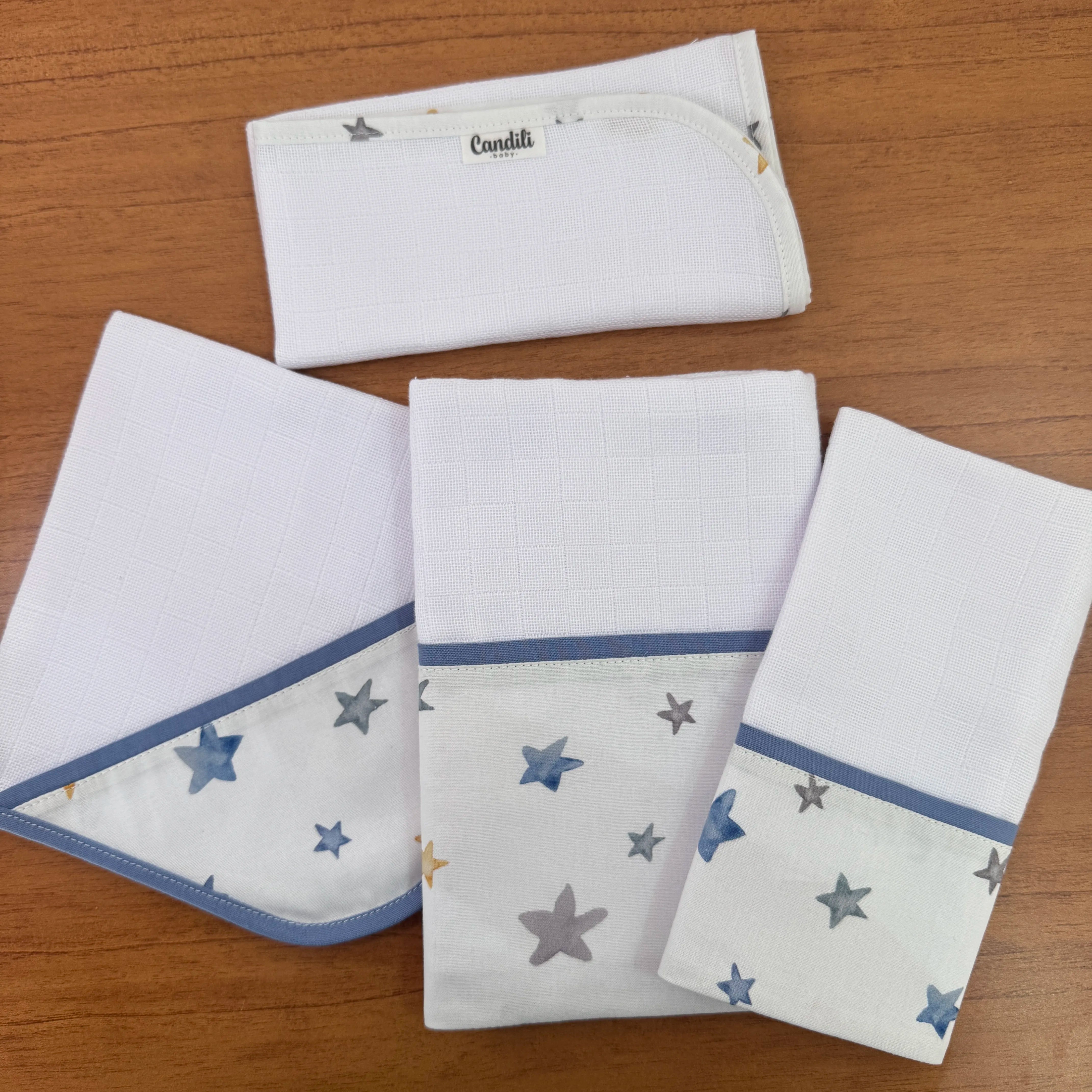 Kit Encanto 4 Peças: Fraldas de Boca e Fralda de Ombro- Estrelas