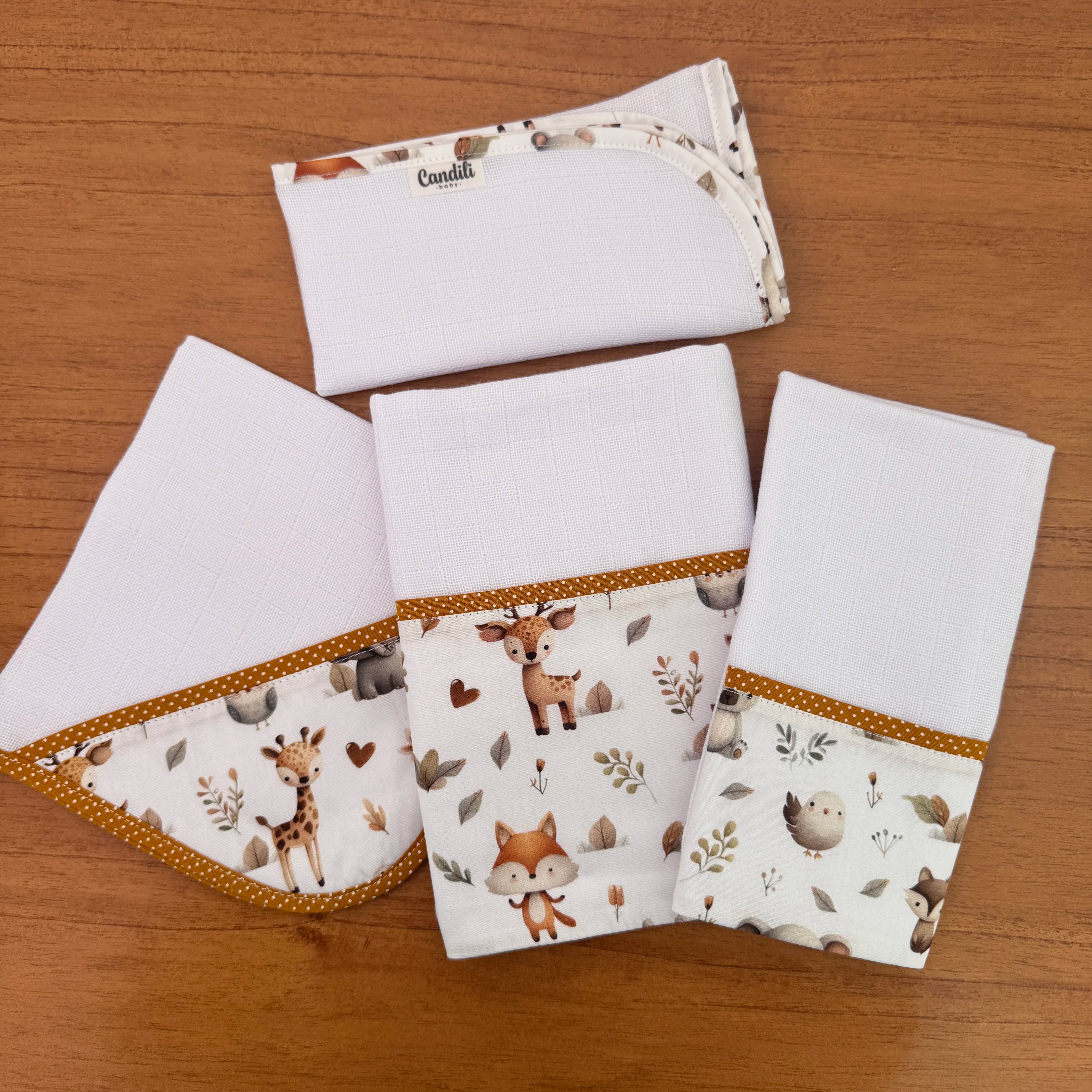 Kit Encanto 4 Peças: Fraldas de Boca e Fralda de Ombro - Bichinhos na Floresta